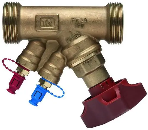 Strangregulierventil mit Außengewinde, hergestellt von IMI Hydronic Engineering. Auf dem Bild sind zwei Anschlussstellen in unterschiedlichen Farben sichtbar.